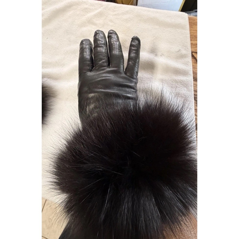Vintage Black Leather Gloves Real Jumbo Fox Fur Cuffs 1980s Canada Small